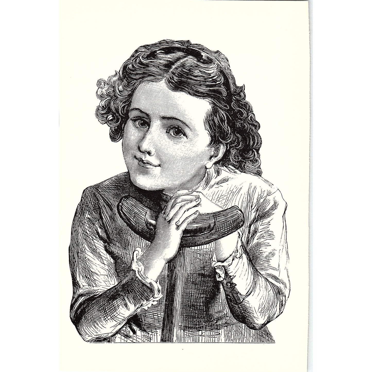 1880s Young curly-haired girl leans on crutch Engraving Vtg Art Print 5x7 V12