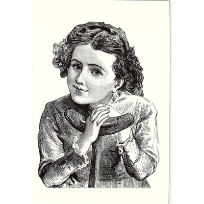1880s Young curly-haired girl leans on crutch Engraving Vtg Art Print 5x7 V12