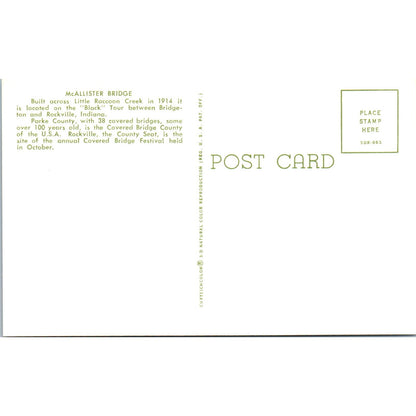 McAllister Bridge Little Raccoon Creek Rockville IN Covered Bridge Postcard PD3
