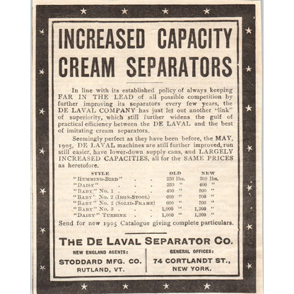 De Laval Cream Separator Co Stoddard Mfg Rutland VT 1905 Magazine Ad AF1-NEH