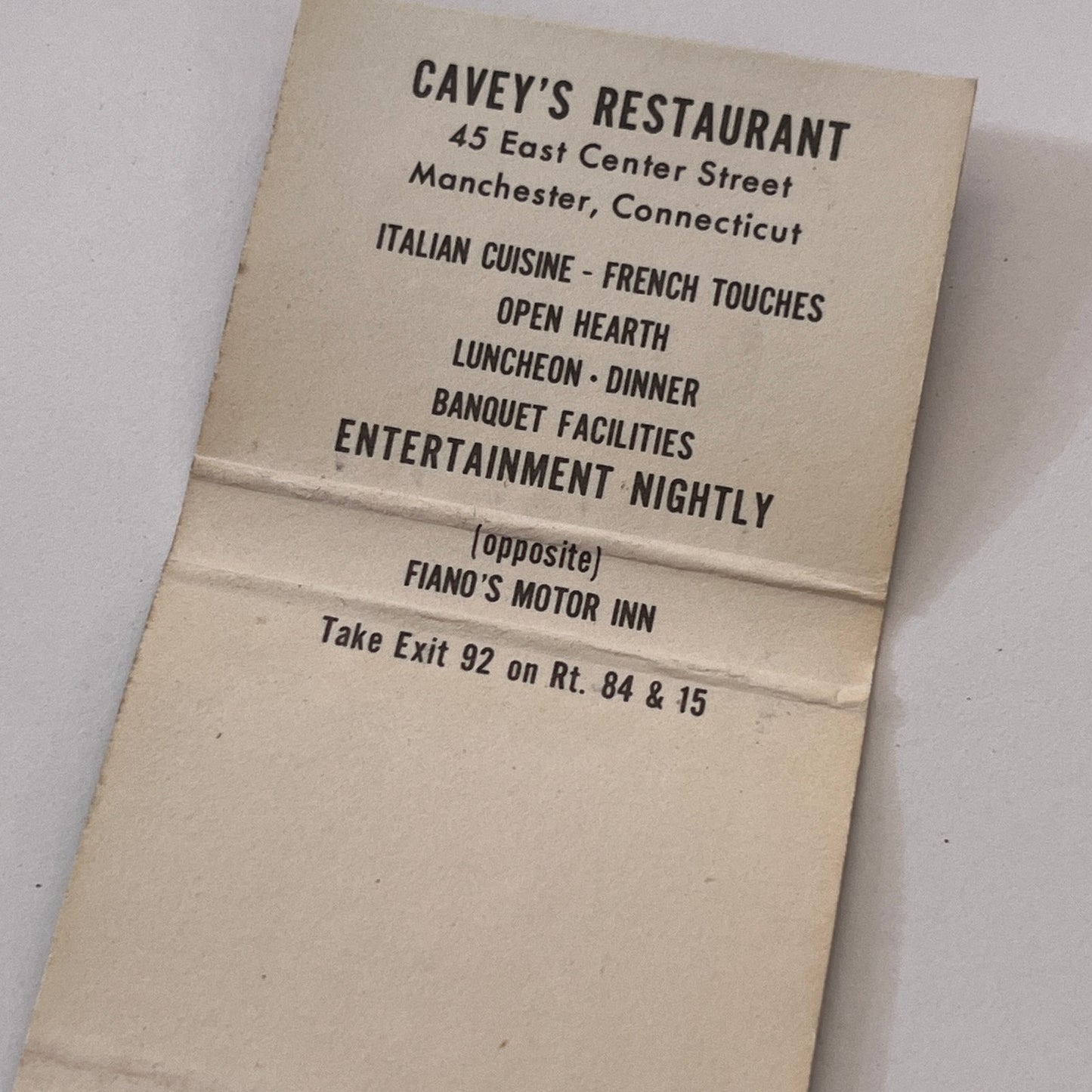 Cavey's Restaurant Italian Cuisine Manchester CT Vtg Matchbook Cover TB6-MB1-11
