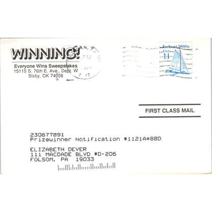 c1980s Winning Everyone Wins Sweepstakes Junk Mail Spam Ad Postal Card PD7