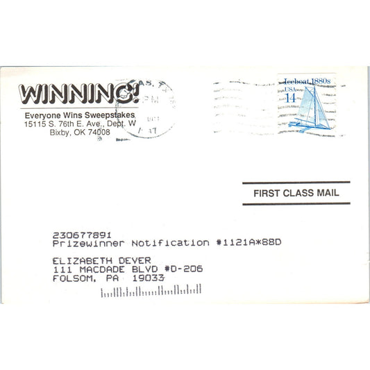 c1980s Winning Everyone Wins Sweepstakes Junk Mail Spam Ad Postal Card PD7
