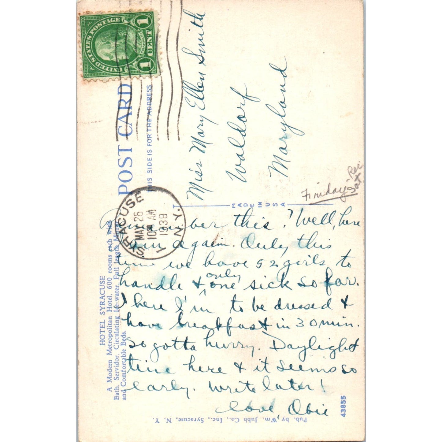1939 Hotel Syracuse, Syracuse NY Original Postcard PC9