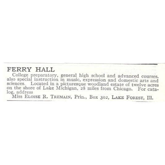 Ferry Hall Eloise R. Tremain Lake Forest IL c1918 Original Advertisement AE5-SV4