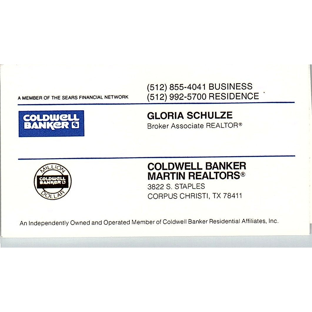 Gloria Schulze Coldwell Banker Martin Corpus Christi Vtg Business Card SC9-B1