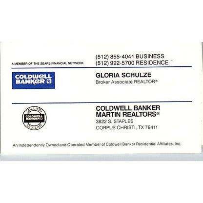 Gloria Schulze Coldwell Banker Martin Corpus Christi Vtg Business Card SC9-B1