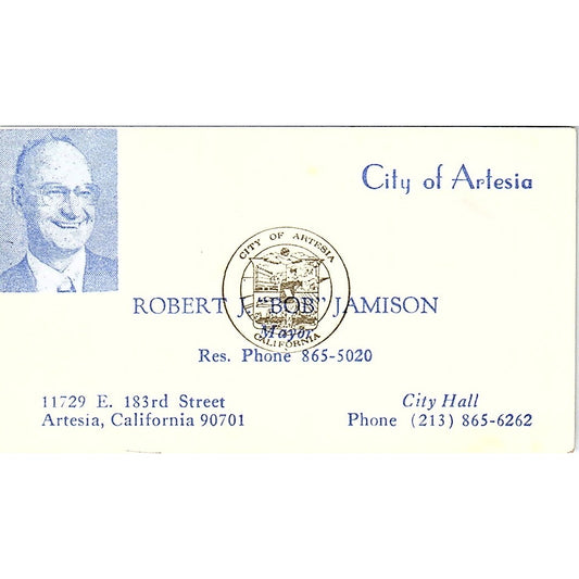 City Of Artesia Robert J Bob Jamison Artesia CA Vintage Business Card SF3-B3