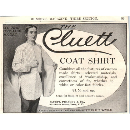 The Cluett Coat Shirt Cluett Peabody & Co Troy NY c1905 Advertisement AE7-A2