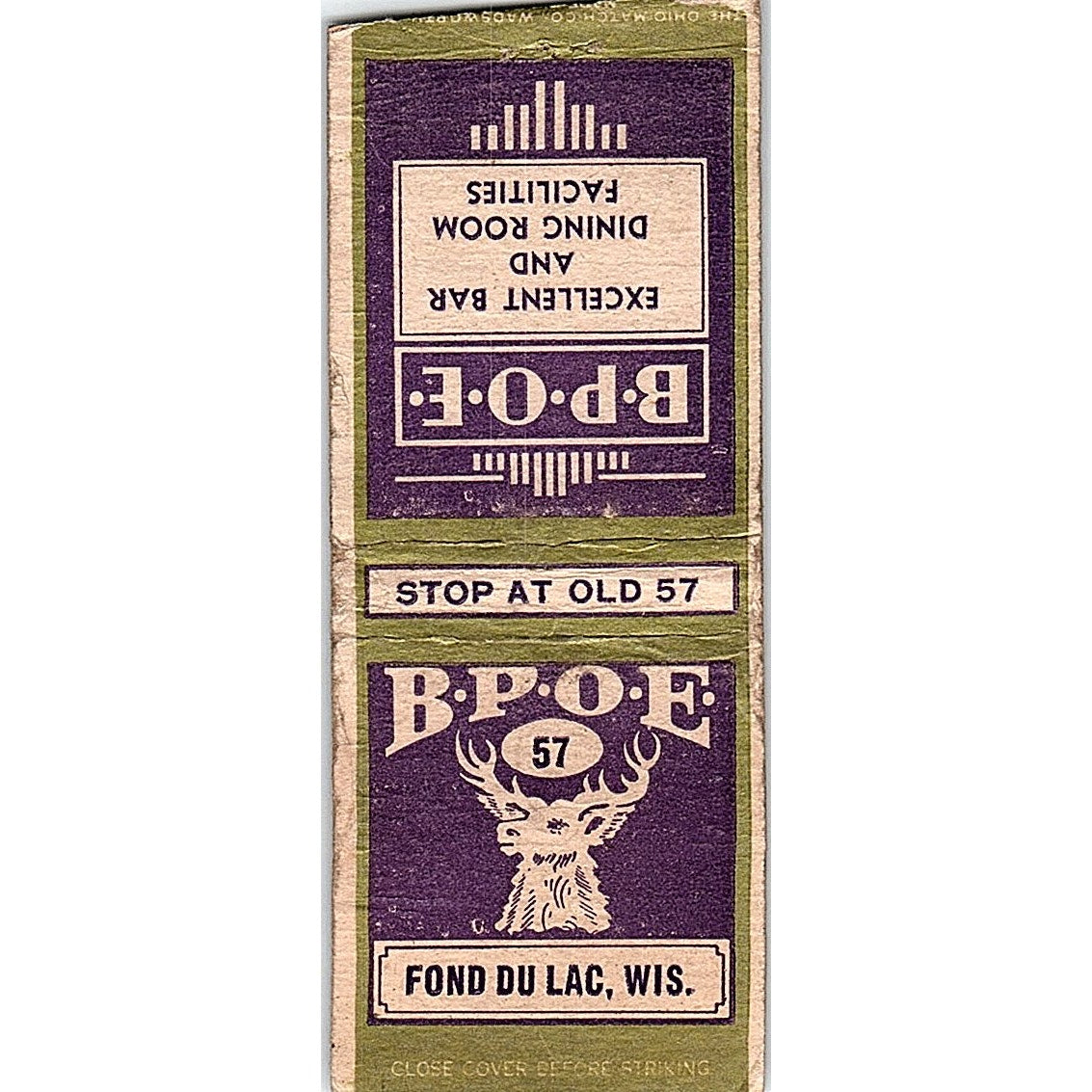 BPOE 57 Fond Du Lac WI Vintage Matchbook Cover SC7-Y8