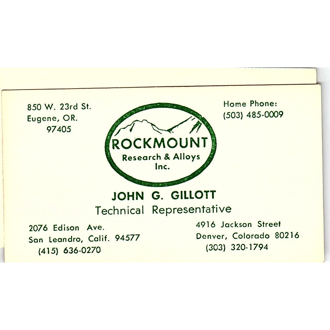 John G Gillott Rockmount Research & Alloys Eugene Vintage Business Card SE5-B1