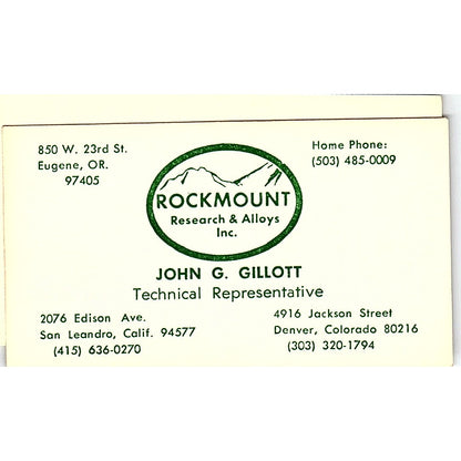 John G Gillott Rockmount Research & Alloys Eugene Vintage Business Card SE5-B1