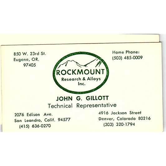 John G Gillott Rockmount Research & Alloys Eugene Vintage Business Card SE5-B1