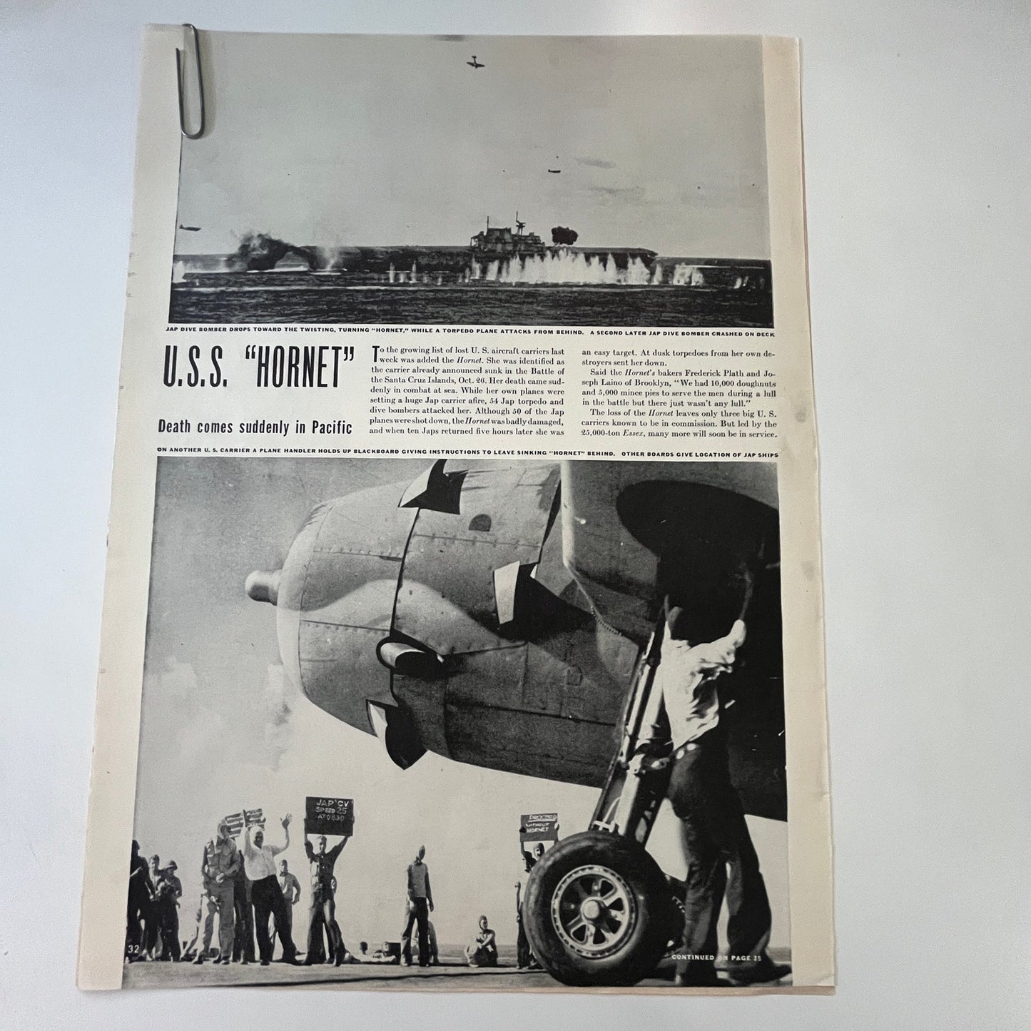 Japanese Bomb USS Hornet 2 Pages 1940s WWII Era Article V30-1