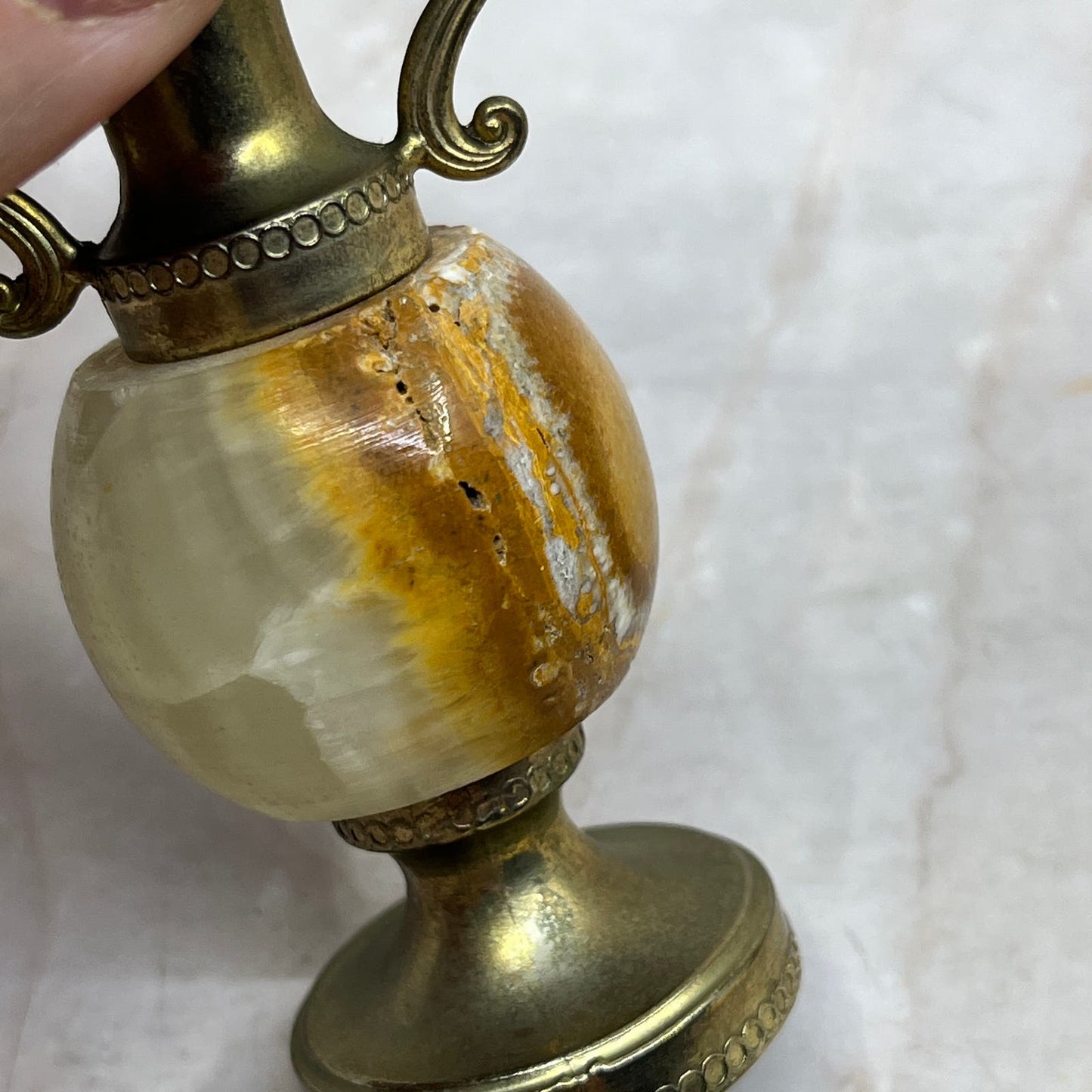 Vintage Onyx Marble and Brass Vases Set of 2 Precious Stone 3.5" TI8