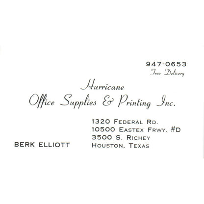 Berk Elliot Hurricane Office Supplies Houston Vintage Business Card SE3-B5