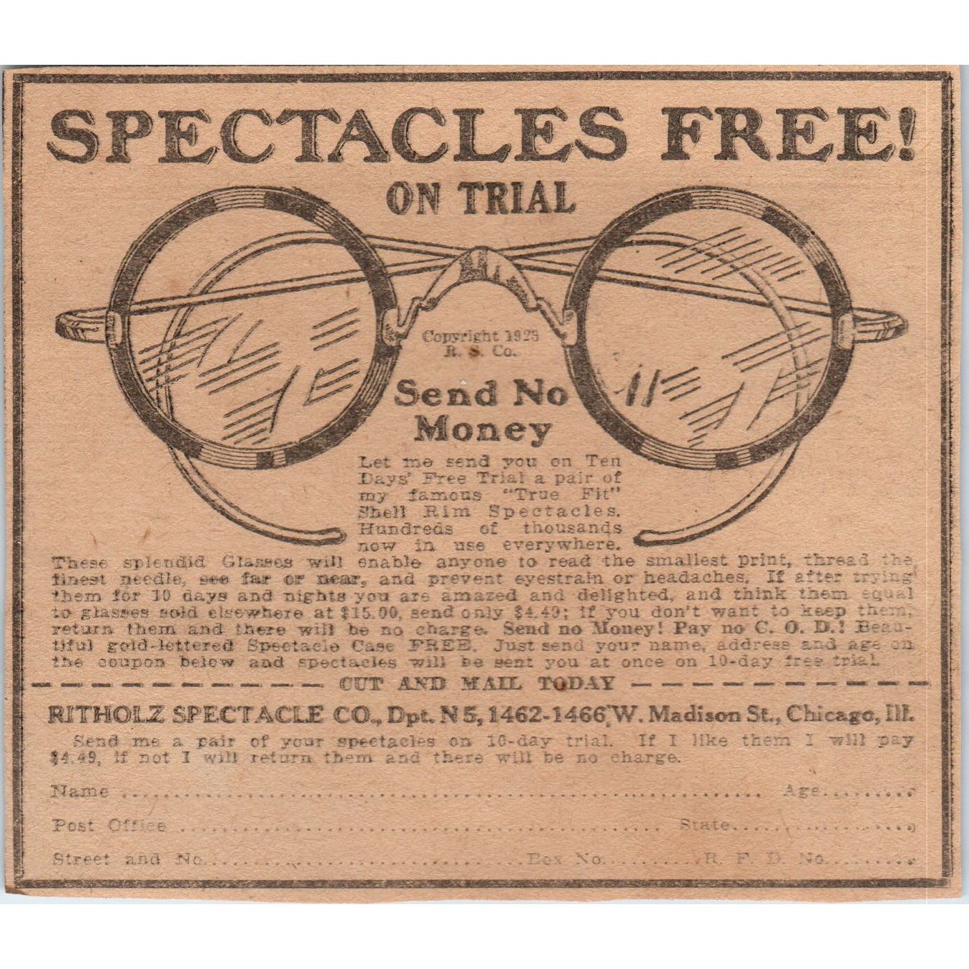 Ritholz Spectacle Co. Chicago Free Eyeglasses Trial 1923 Magazine Ad Clip AE1-2