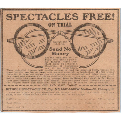 Ritholz Spectacle Co. Chicago Free Eyeglasses Trial 1923 Magazine Ad Clip AE1-2