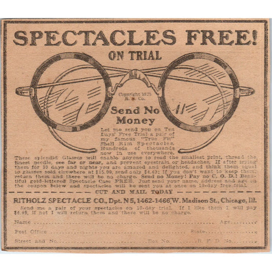 Ritholz Spectacle Co. Chicago Free Eyeglasses Trial 1923 Magazine Ad Clip AE1-2