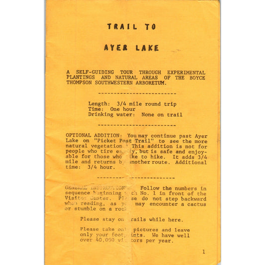 Vintage Ayer Lake Self Guiding Tour Booklet Boyce Thompson SW Arboretum TF4-B4