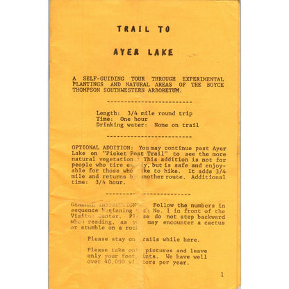 Vintage Ayer Lake Self Guiding Tour Booklet Boyce Thompson SW Arboretum H5-5