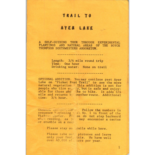 Vintage Ayer Lake Self Guiding Tour Booklet Boyce Thompson SW Arboretum H5-5