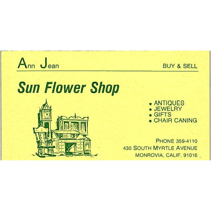 Sun Flower Shop Ann Jean, Monrovia, CA Vintage Business Card SF3-B8