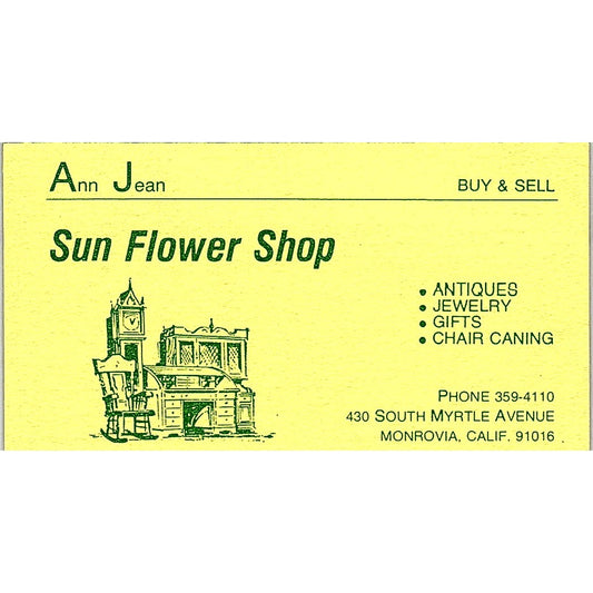 Sun Flower Shop Ann Jean, Monrovia, CA Vintage Business Card SF3-B8