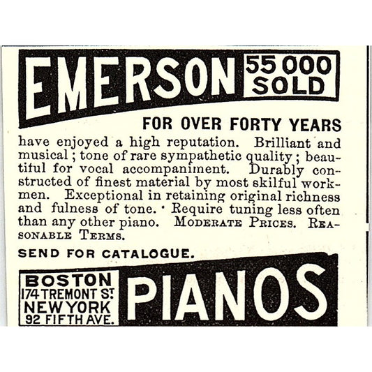 Emerson Pianos 174 Tremont St Boston 92 5th Ave NY 1892 Ad AG2-S25