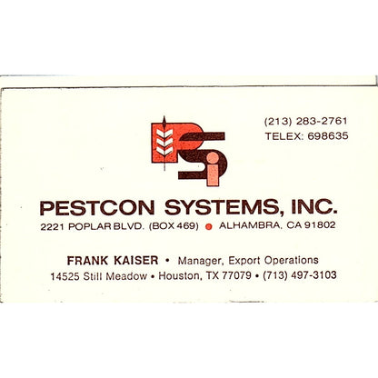 Frank Kaiser Pestcon Systems Alhambra CA Houston Vintage Business Card SC9-B4