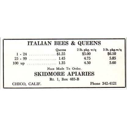 Italian Bees & Queens Skidmore Apiaries Chico CA 1964 Magazine Ad AB6-LB