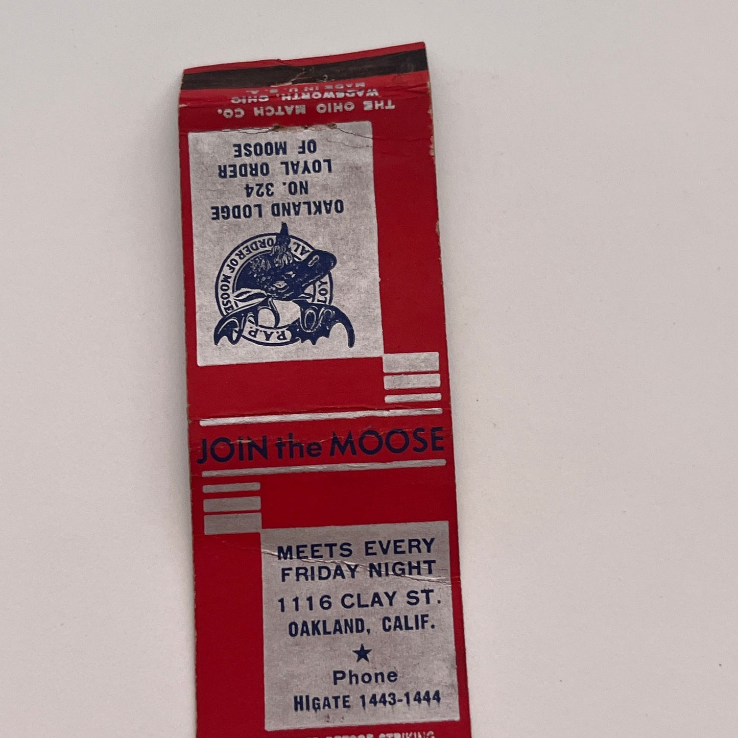 Loyal Order of Moose Oakland Lodge No 324 Vintage Matchbook Cover TB6-MB2-3