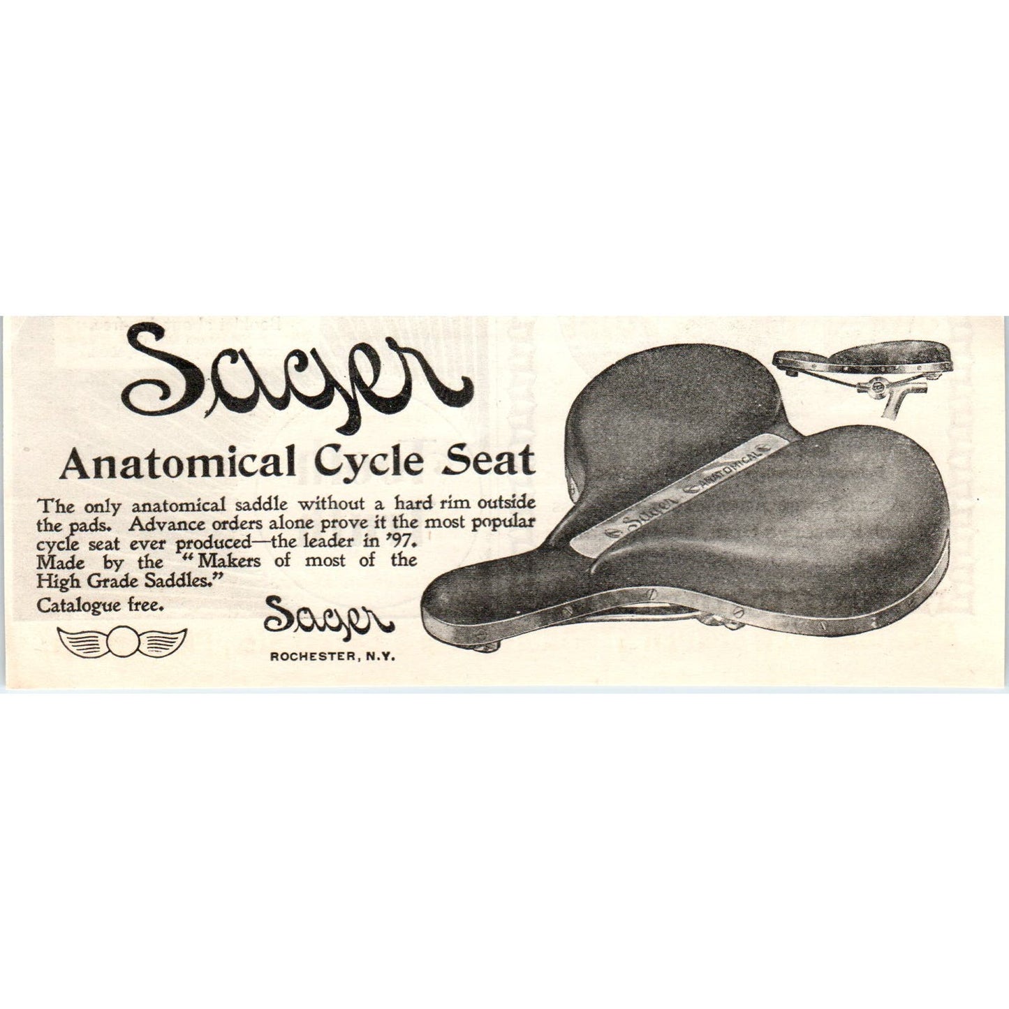 Sager Anatomical Bicycle Seat Rochester NY c1905 Original Advertisement AE7-A3