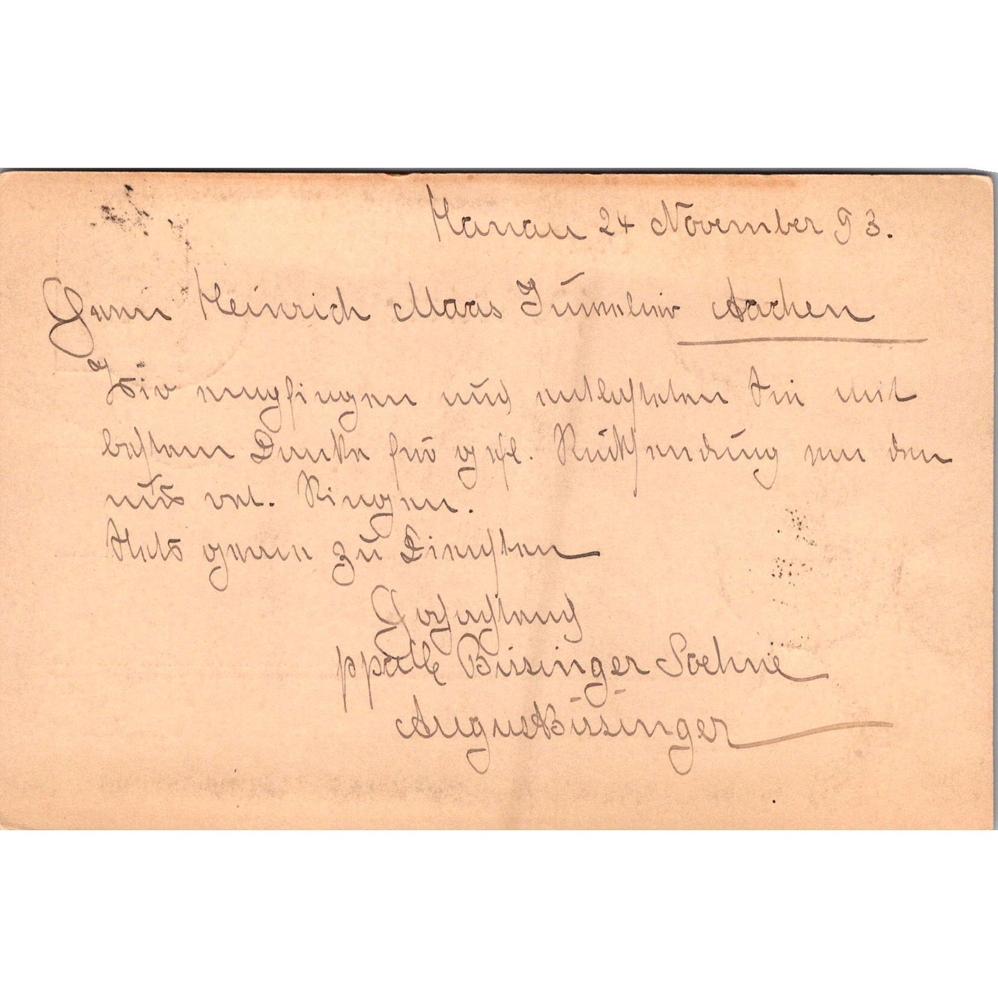 1893 Heinrich Maass Aachen Manau German Reich Postcard P5-12