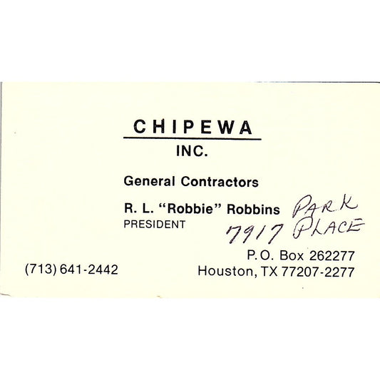 R.L. Robbie Robbins Chipewa Inc Contractors Houston Vintage Business Card SC9-B7