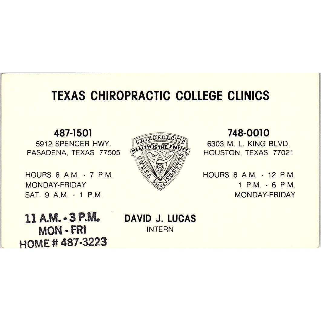 Texas Chiropractic College Clinics David J Lucas Houston Business Card SC9-B6
