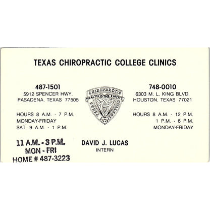 Texas Chiropractic College Clinics David J Lucas Houston Business Card SC9-B6