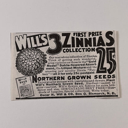 Oscar H. Will & Co. Will's 3 Zinnias Collection Bismarck ND 1936 Ad SAG4-M4