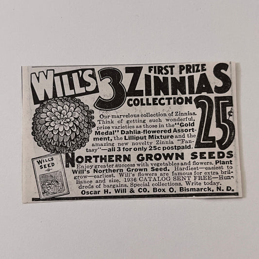 Oscar H. Will & Co. Will's 3 Zinnias Collection Bismarck ND 1936 Ad SAG4-M4