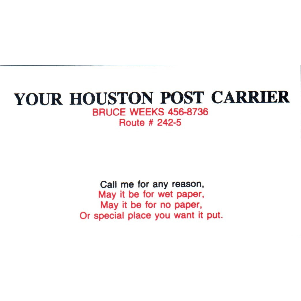 Bruce Weeks Houston Post Carrier Vintage Business Card SD8-B19