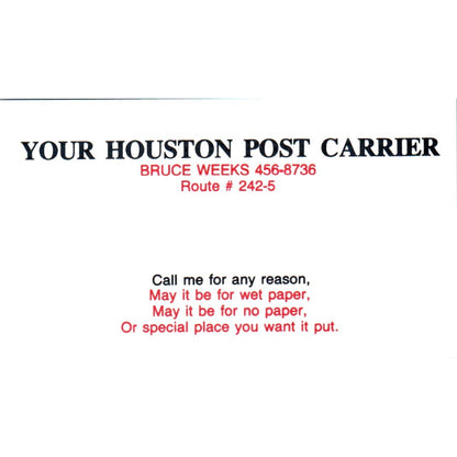 Bruce Weeks Houston Post Carrier Vintage Business Card SD8-B19