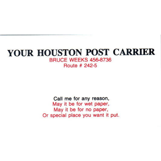 Bruce Weeks Houston Post Carrier Vintage Business Card SD8-B19