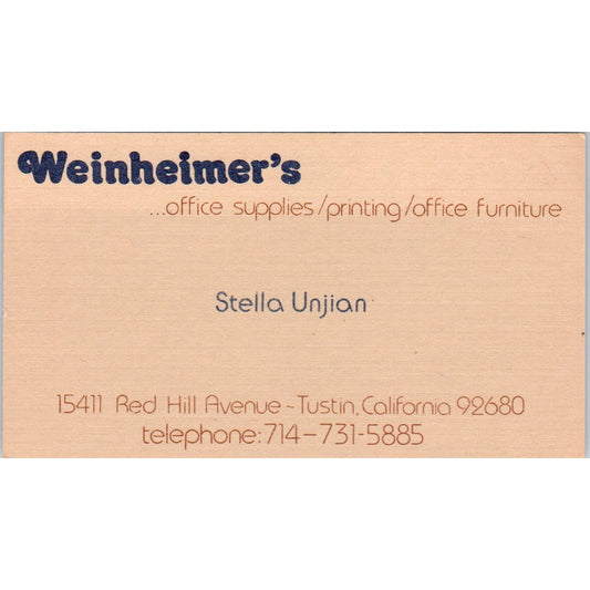 Stella Unjian Weinheimer's Office Supplies Tustin CA Vtg Business Card SE3-B4
