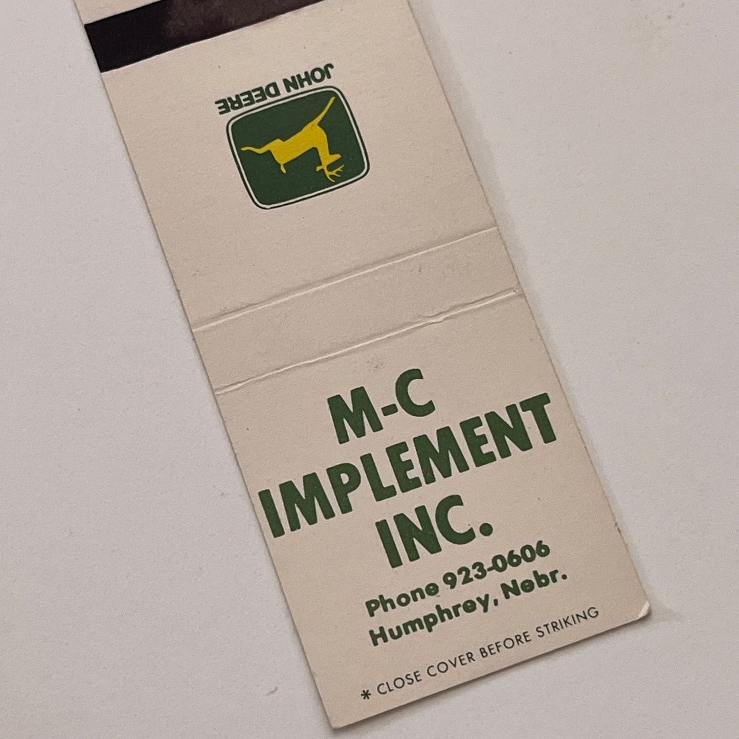 M-C Implement Inc Humphrey NE John Deere Vintage Matchbook Cover TB6-MB2-2
