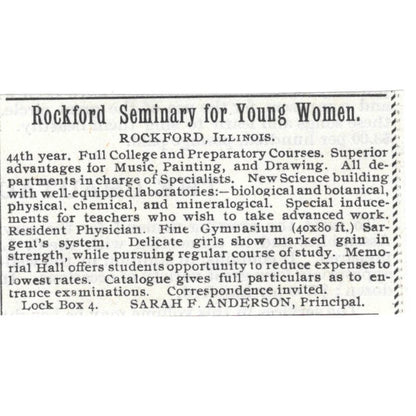 Rockford Seminary for Young Women Sarah F. Anderson c1890 Victorian Ad AE8-CH11