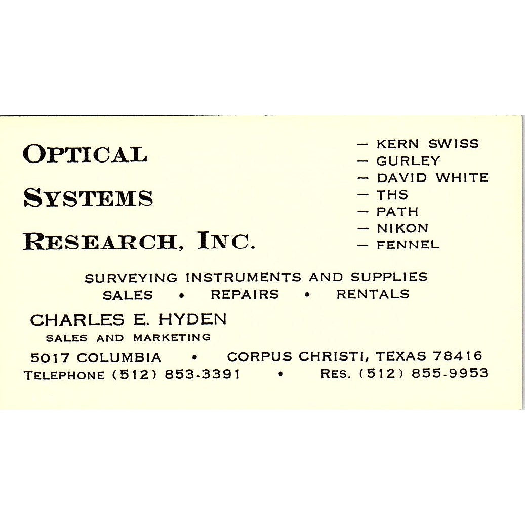 Charles E Hyden Optical Systems Research Corpus Christi Vtg Business Card SD9-B3