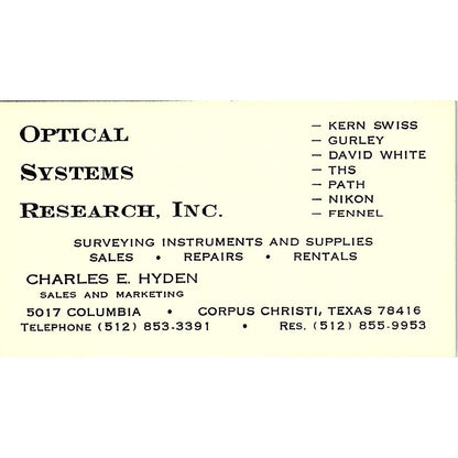 Charles E Hyden Optical Systems Research Corpus Christi Vtg Business Card SD9-B3
