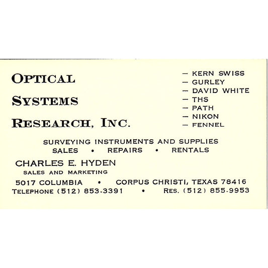 Charles E Hyden Optical Systems Research Corpus Christi Vtg Business Card SD9-B3