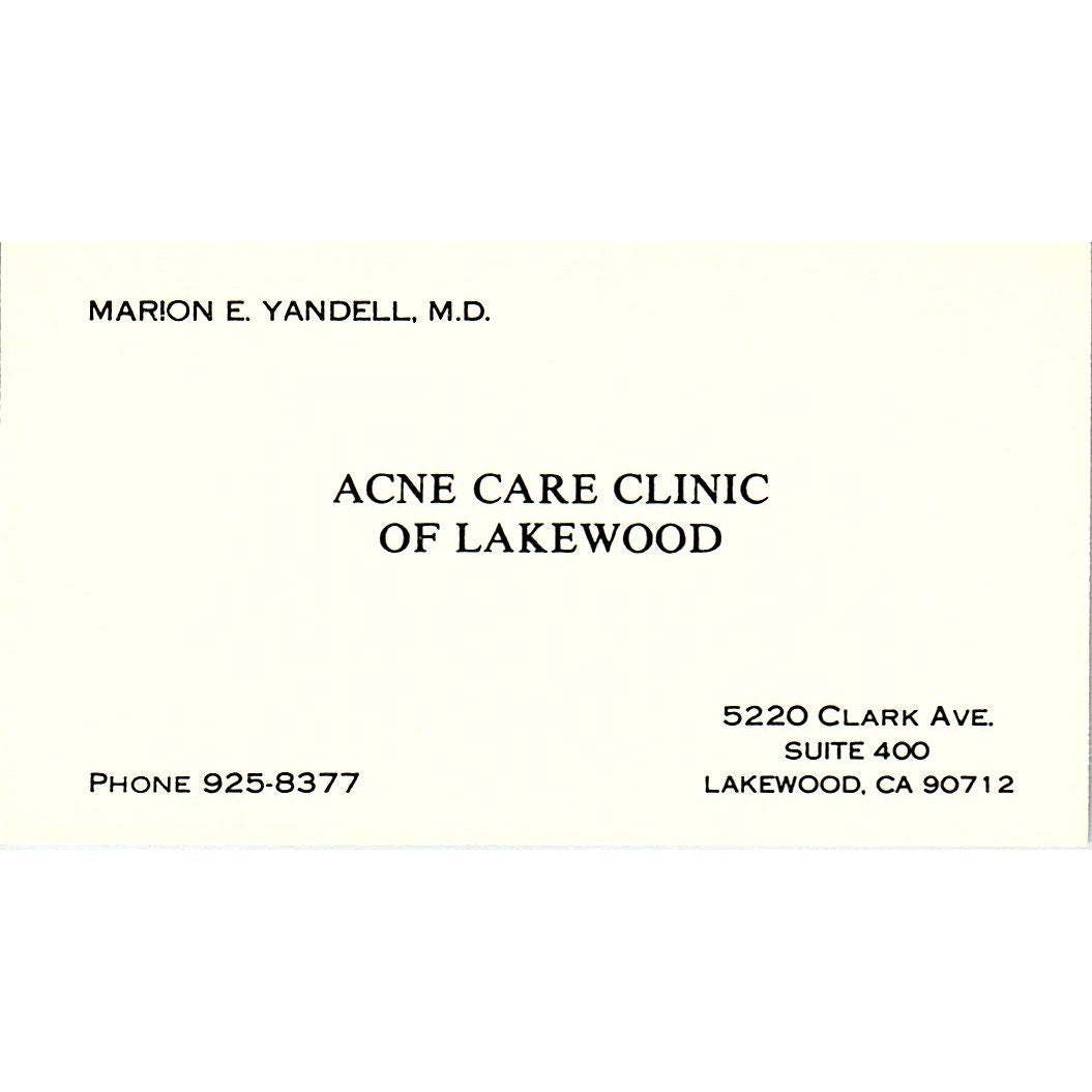 Acne Care Clinic, Marion E. Yandell, M.D., Lakewood, CA, Business Card SF3-B9