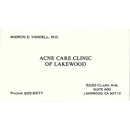 Acne Care Clinic, Marion E. Yandell, M.D., Lakewood, CA, Business Card SF3-B9